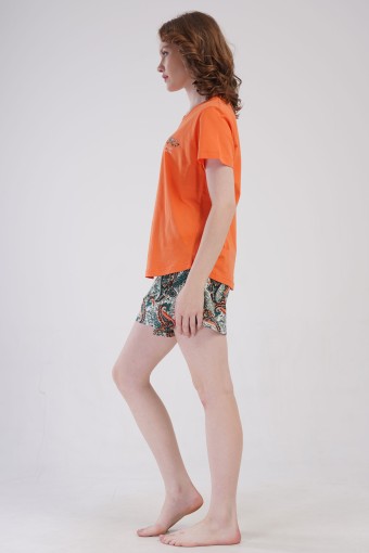 PINARCA EV GİYİM - Pınarca Kadın Şortlu Takım Büyük Beden Kısa Kollu Pamuklu Bisiklet Yaka Şal Desenli - Mercan (1)