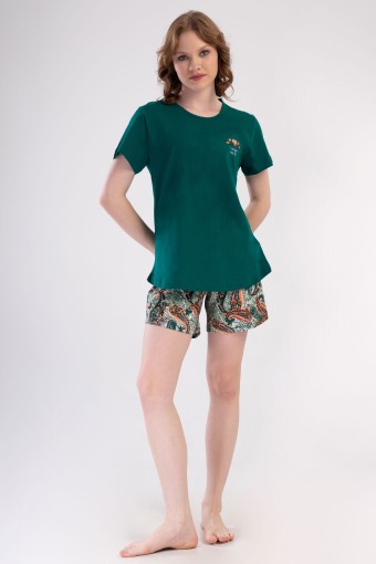 PINARCA EV GİYİM - Pınarca Kadın Şortlu Takım Büyük Beden Kısa Kollu Pamuklu Bisiklet Yaka Şal Desenli - Yeşil