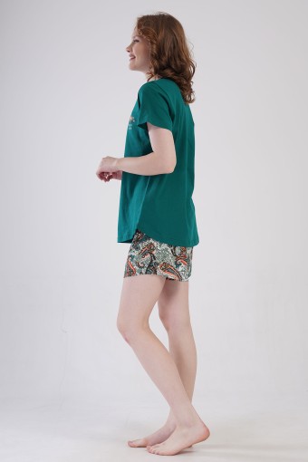 PINARCA EV GİYİM - Pınarca Kadın Şortlu Takım Büyük Beden Kısa Kollu Pamuklu Bisiklet Yaka Şal Desenli - Yeşil (1)