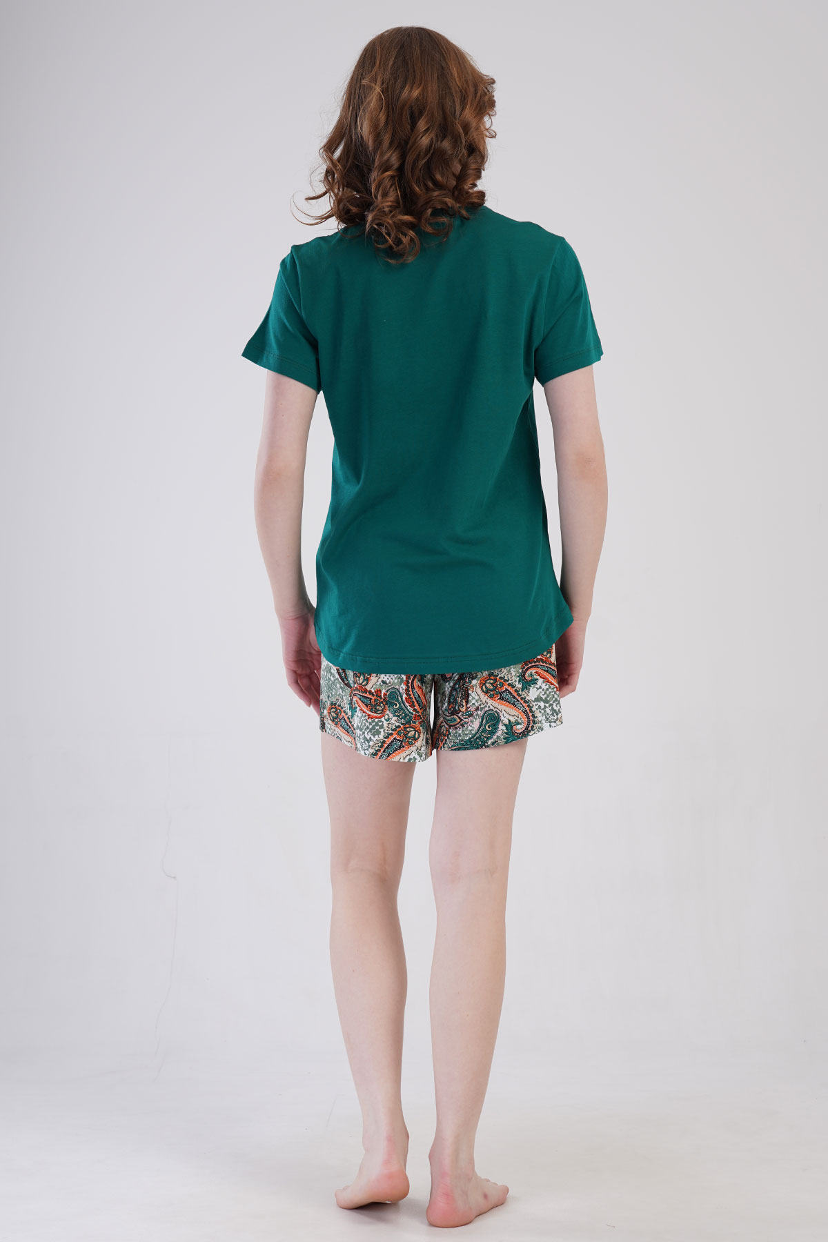 Pınarca Kadın Şortlu Takım Büyük Beden Kısa Kollu Pamuklu Bisiklet Yaka Şal Desenli - Yeşil - Thumbnail