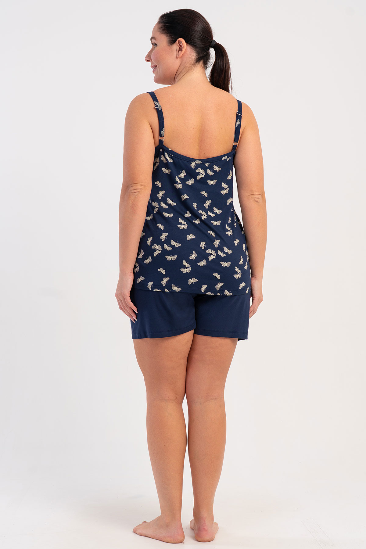 Pınarca Kadın Şortlu Takım İp Askılı Büyük Beden Viskon Yaka Dantelli Kelebek Desenli - Lacivert - Thumbnail