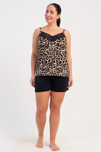 PINARCA EV GİYİM - Pınarca Kadın Şortlu Takım İp Askılı Büyük Beden Viskon Yaka Dantelli Leopar Desenli - Leopar