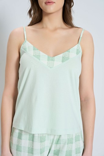 PINARCA EV GİYİM - Pınarca Kadın Şortlu Takım İp Askılı Ekose Alt Desenli - Yeşil (1)