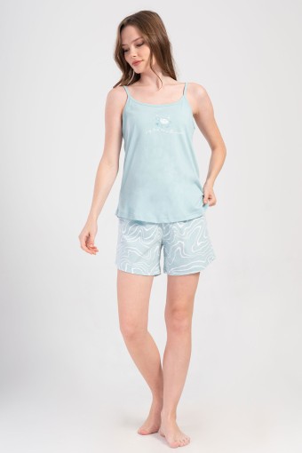 PINARCA EV GİYİM - Pınarca Kadın Şortlu Takım İp Askılı Pamuklu Desenli - Mint Yeşili