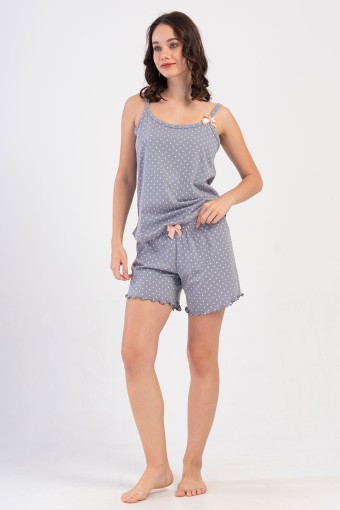 PINARCA EV GİYİM - Pınarca Kadın Şortlu Takım İp Askılı Pamuklu Puantiyeli Şort Fırfırlı Bel Askı Kurdeleli - Füme