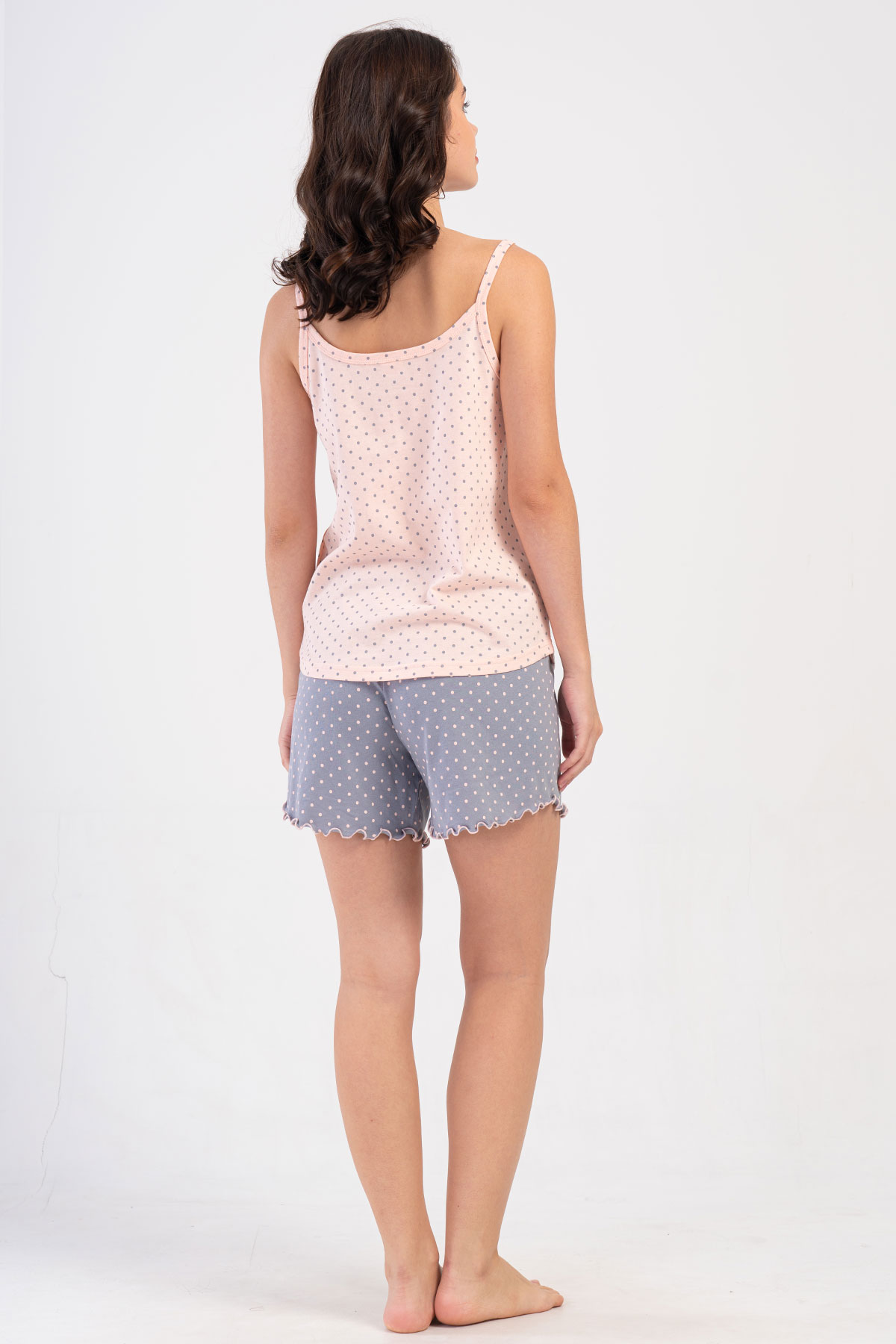 Pınarca Kadın Şortlu Takım İp Askılı Pamuklu Puantiyeli Şort Fırfırlı Bel Askı Kurdeleli - Pembe - Thumbnail