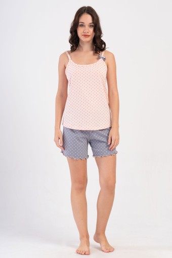 PINARCA EV GİYİM - Pınarca Kadın Şortlu Takım İp Askılı Pamuklu Puantiyeli Şort Fırfırlı Bel Askı Kurdeleli - Pembe