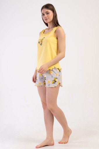 PINARCA EV GİYİM - Pınarca Kadın Şortlu Takım Kalın Askılı Fırfırlı Pamuklu Kare Yaka Arı Desenli - Sarı (1)