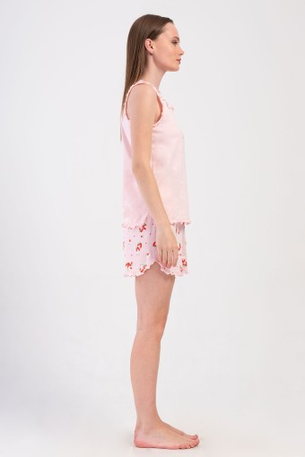 PINARCA EV GİYİM - Pınarca Kadın Şortlu Takım Kalın Askılı Fırfırlı Pamuklu Kare Yaka Çilek Desenli - Pembe (1)