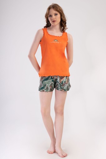 PINARCA EV GİYİM - Pınarca Kadın Şortlu Takım Kalın Askılı Fırfırlı Pamuklu Kare Yaka Şal Desenli - Mercan