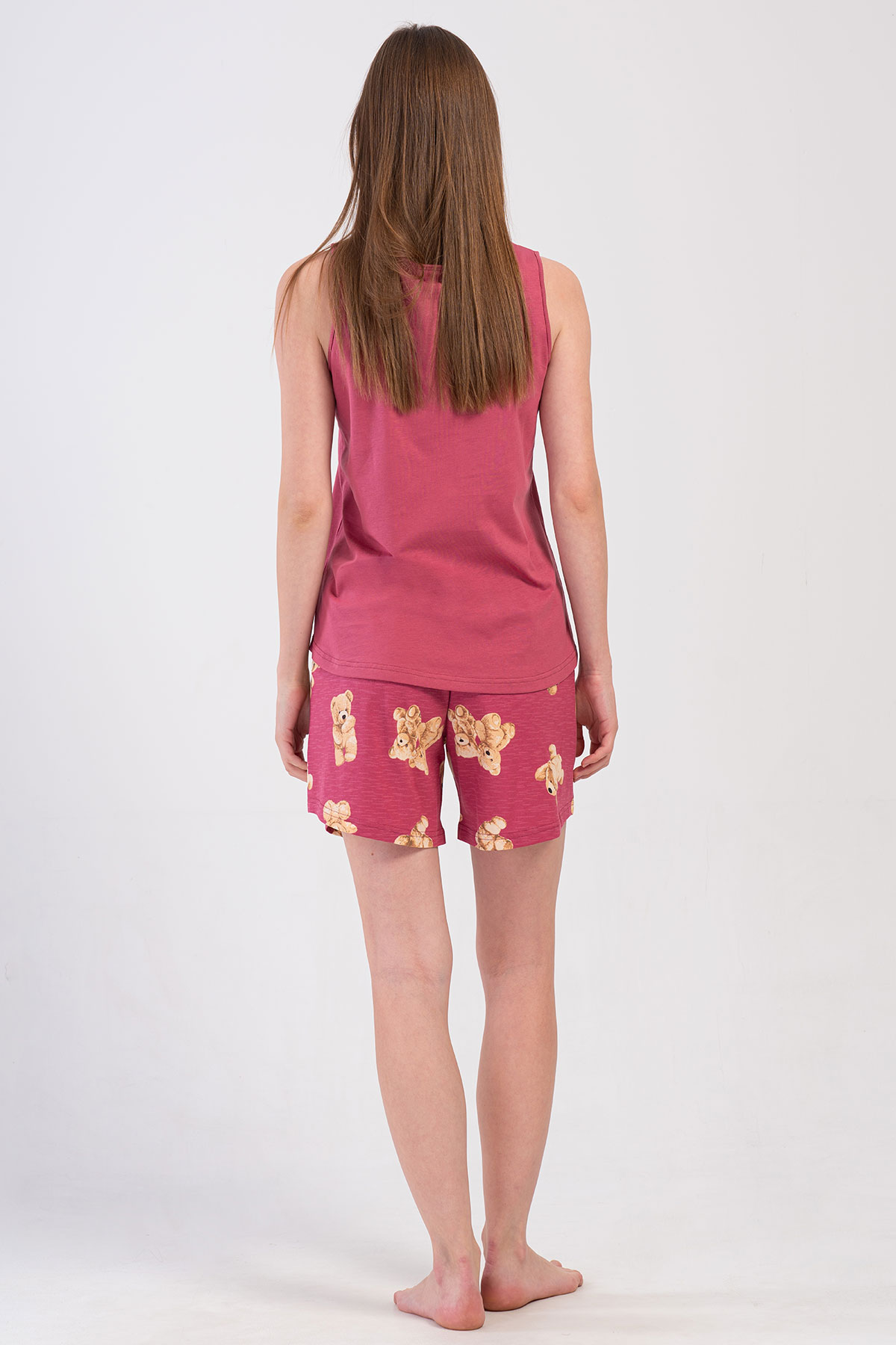 Pınarca Kadın Şortlu Takım Kalın Askılı Pamuklu Ayıcık Desenli - Gülkurusu - Thumbnail