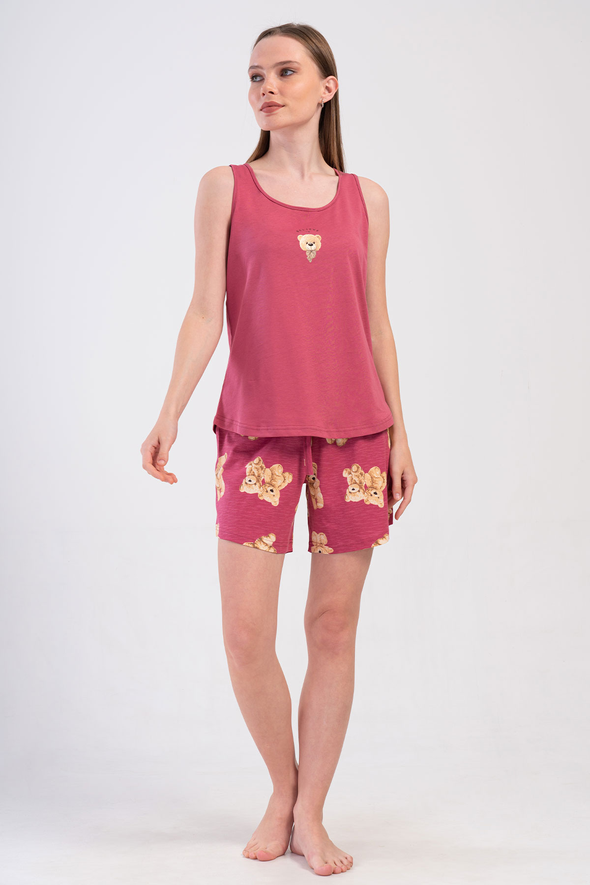 Pınarca Kadın Şortlu Takım Kalın Askılı Pamuklu Ayıcık Desenli - Gülkurusu - Thumbnail