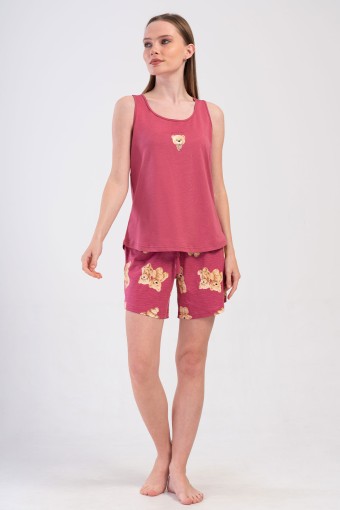 PINARCA EV GİYİM - Pınarca Kadın Şortlu Takım Kalın Askılı Pamuklu Ayıcık Desenli - Gülkurusu