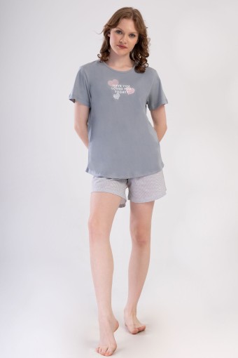 PINARCA EV GİYİM - Pınarca Kadın Şortlu Takım Kısa Kollu Büyük Beden Pamuklu Bisiklet Yaka Kalp Desenli - Gri