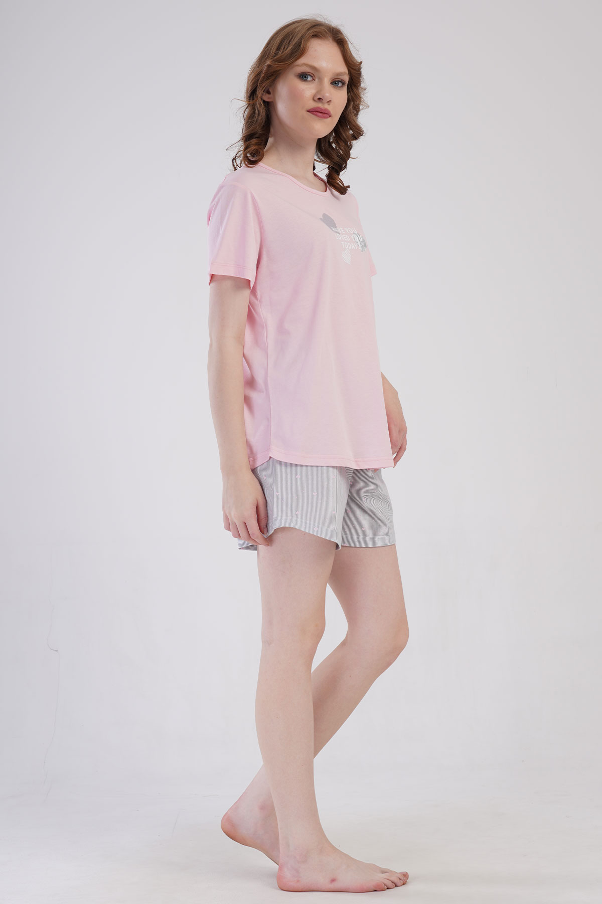 Pınarca Kadın Şortlu Takım Kısa Kollu Büyük Beden Pamuklu Bisiklet Yaka Kalp Desenli - Pembe - Thumbnail