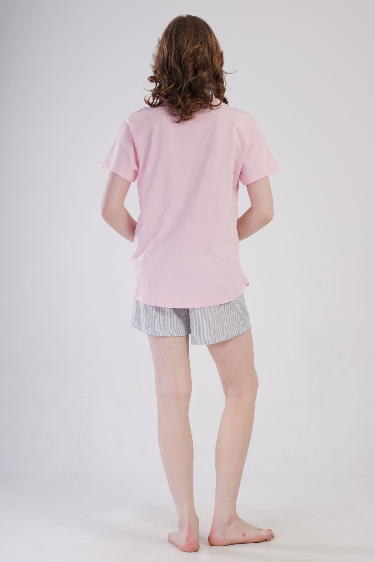 Pınarca Kadın Şortlu Takım Kısa Kollu Büyük Beden Pamuklu Bisiklet Yaka Kalp Desenli - Pembe - Thumbnail