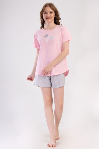 PINARCA EV GİYİM - Pınarca Kadın Şortlu Takım Kısa Kollu Büyük Beden Pamuklu Bisiklet Yaka Kalp Desenli - Pembe