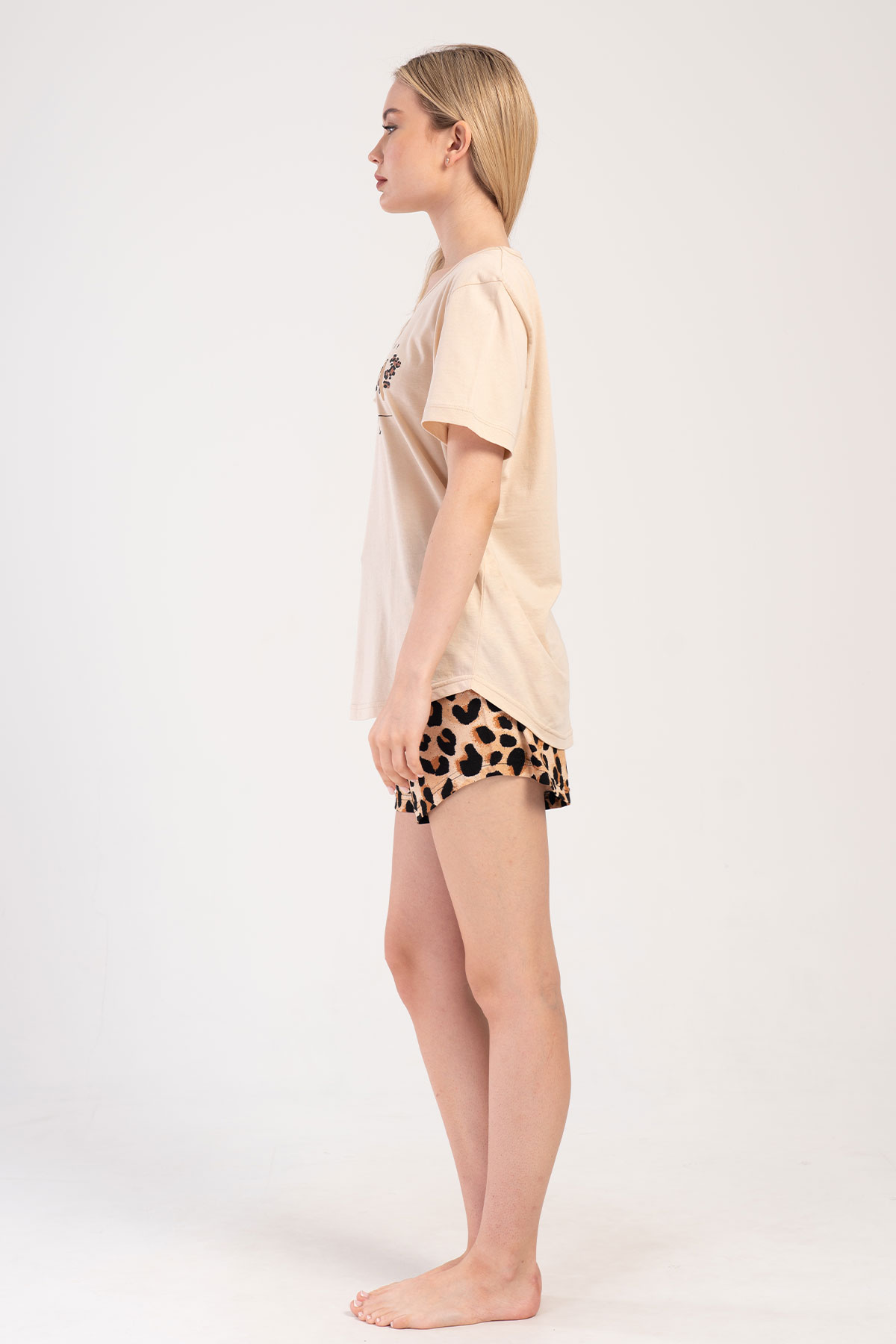 Pınarca Kadın Şortlu Takım Kısa Kollu Büyük Beden Pamuklu Bisiklet Yaka Leopar Desenli - Bej - Thumbnail