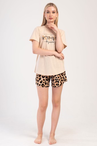 PINARCA EV GİYİM - Pınarca Kadın Şortlu Takım Kısa Kollu Büyük Beden Pamuklu Bisiklet Yaka Leopar Desenli - Bej