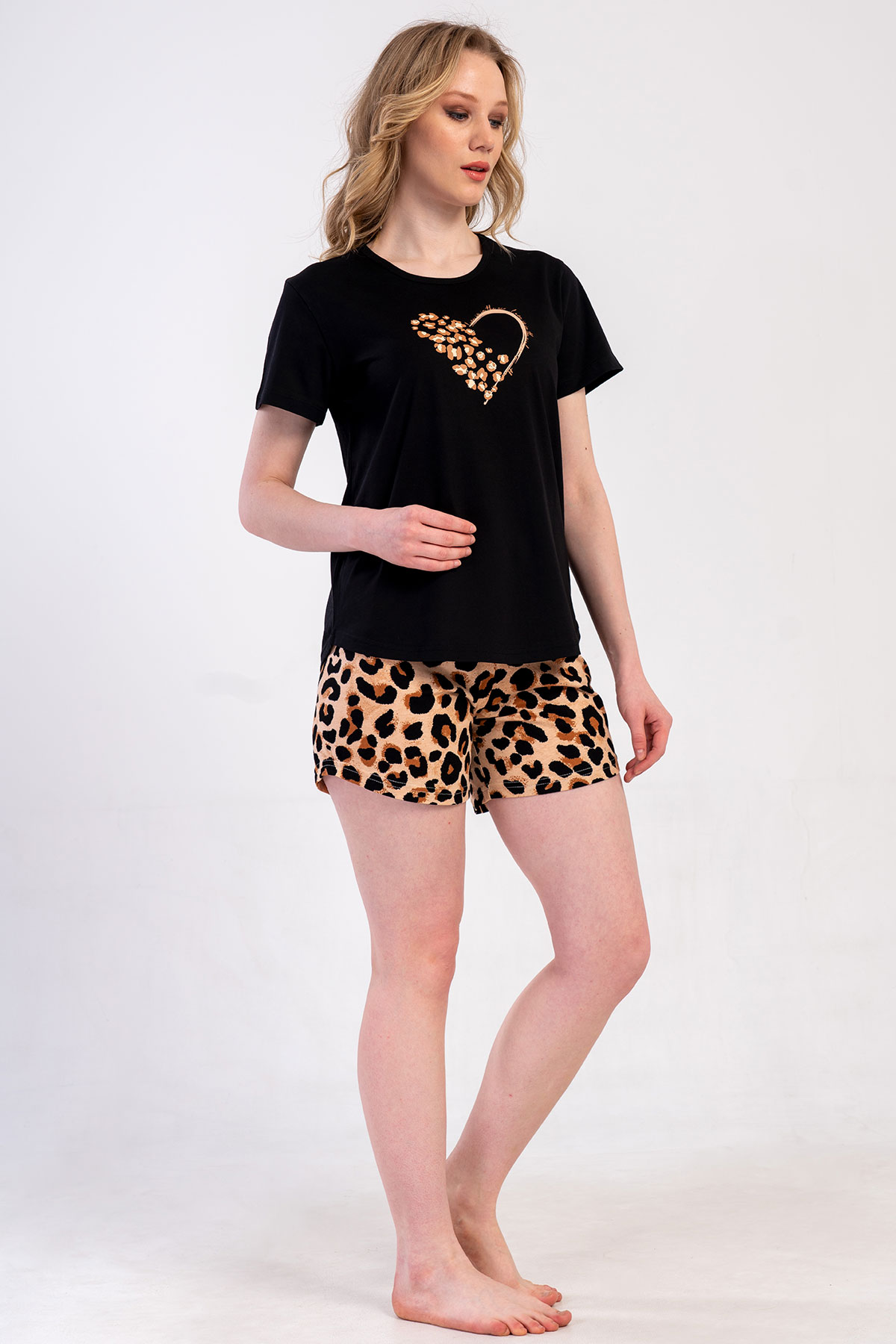 Pınarca Kadın Şortlu Takım Kısa Kollu Büyük Beden Pamuklu Bisiklet Yaka Leopar Desenli - Siyah - Thumbnail