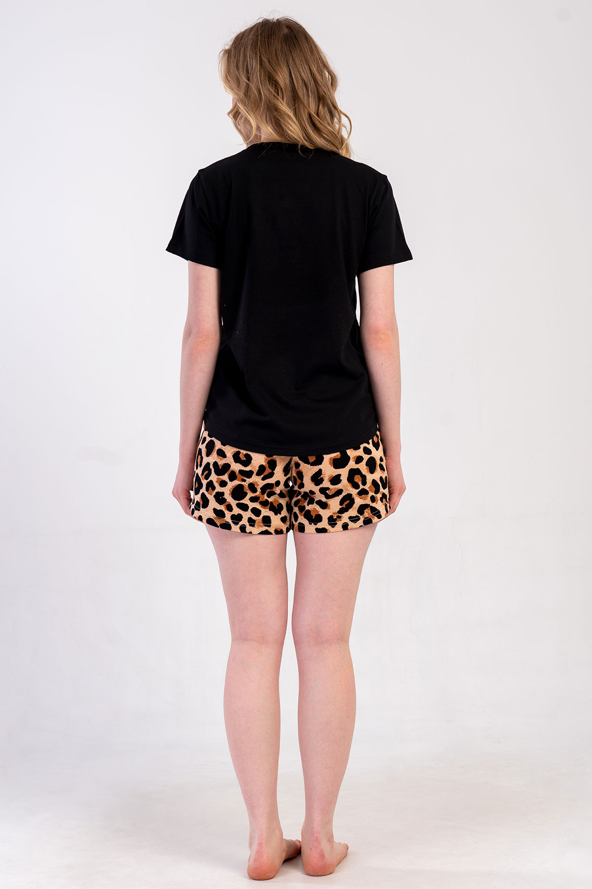 Pınarca Kadın Şortlu Takım Kısa Kollu Büyük Beden Pamuklu Bisiklet Yaka Leopar Desenli - Siyah - Thumbnail