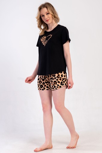 PINARCA EV GİYİM - Pınarca Kadın Şortlu Takım Kısa Kollu Büyük Beden Pamuklu Bisiklet Yaka Leopar Desenli - Siyah (1)