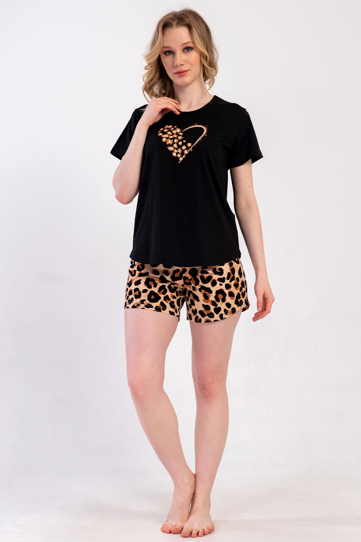 Pınarca Kadın Şortlu Takım Kısa Kollu Büyük Beden Pamuklu Bisiklet Yaka Leopar Desenli - Siyah - Thumbnail