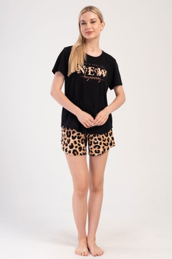 PINARCA EV GİYİM - Pınarca Kadın Şortlu Takım Kısa Kollu Büyük Beden Pamuklu Bisiklet Yaka Leopar Desenli - Siyah