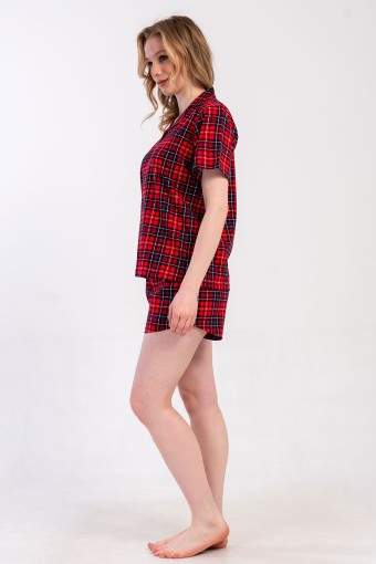 PINARCA EV GİYİM - Pınarca Kadın Şortlu Takım Kısa Kollu Büyük Beden Pamuklu Gömlek Yaka Eskose Desenli - Kırmızı (1)
