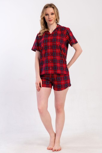 PINARCA EV GİYİM - Pınarca Kadın Şortlu Takım Kısa Kollu Büyük Beden Pamuklu Gömlek Yaka Eskose Desenli - Kırmızı