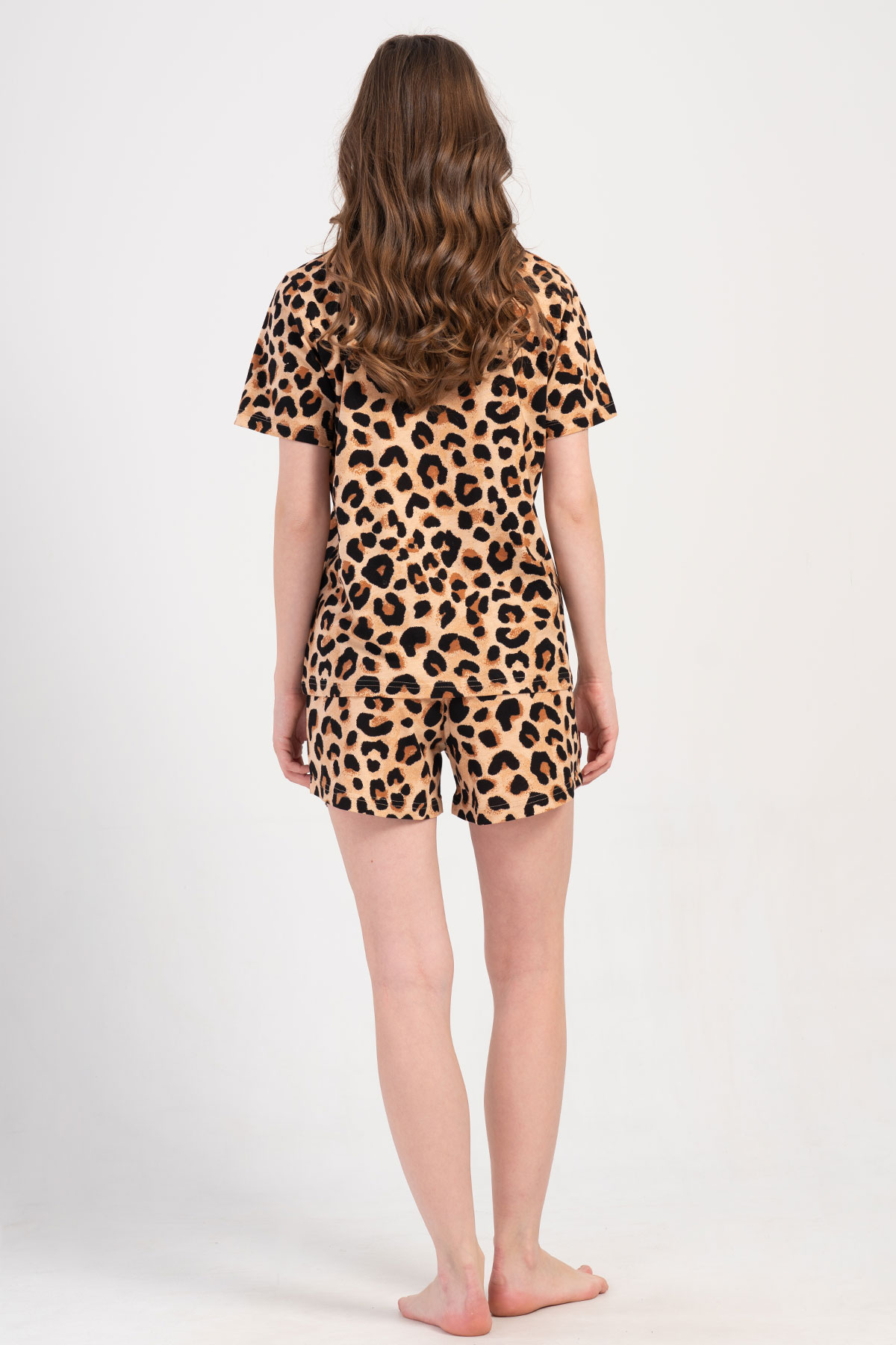 Pınarca Kadın Şortlu Takım Kısa Kollu Büyük Beden Pamuklu Gömlek Yaka Leopar Desenli - Leopar - Thumbnail