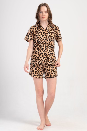 PINARCA EV GİYİM - Pınarca Kadın Şortlu Takım Kısa Kollu Büyük Beden Pamuklu Gömlek Yaka Leopar Desenli - Leopar
