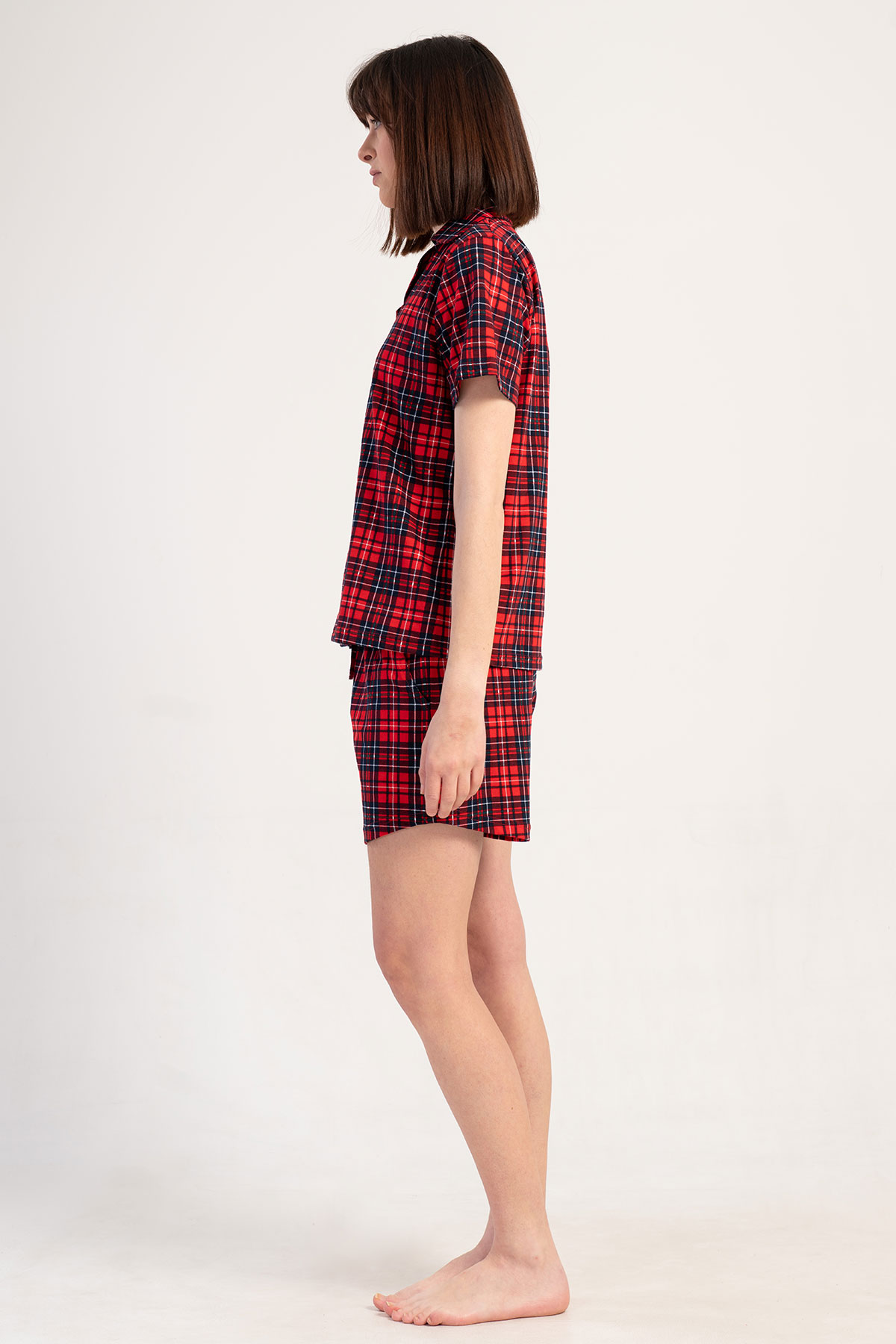 Pınarca Kadın Şortlu Takım Kısa Kollu Gömlek Yaka Pamuklu Ekose Desenli - Kırmızı - Thumbnail