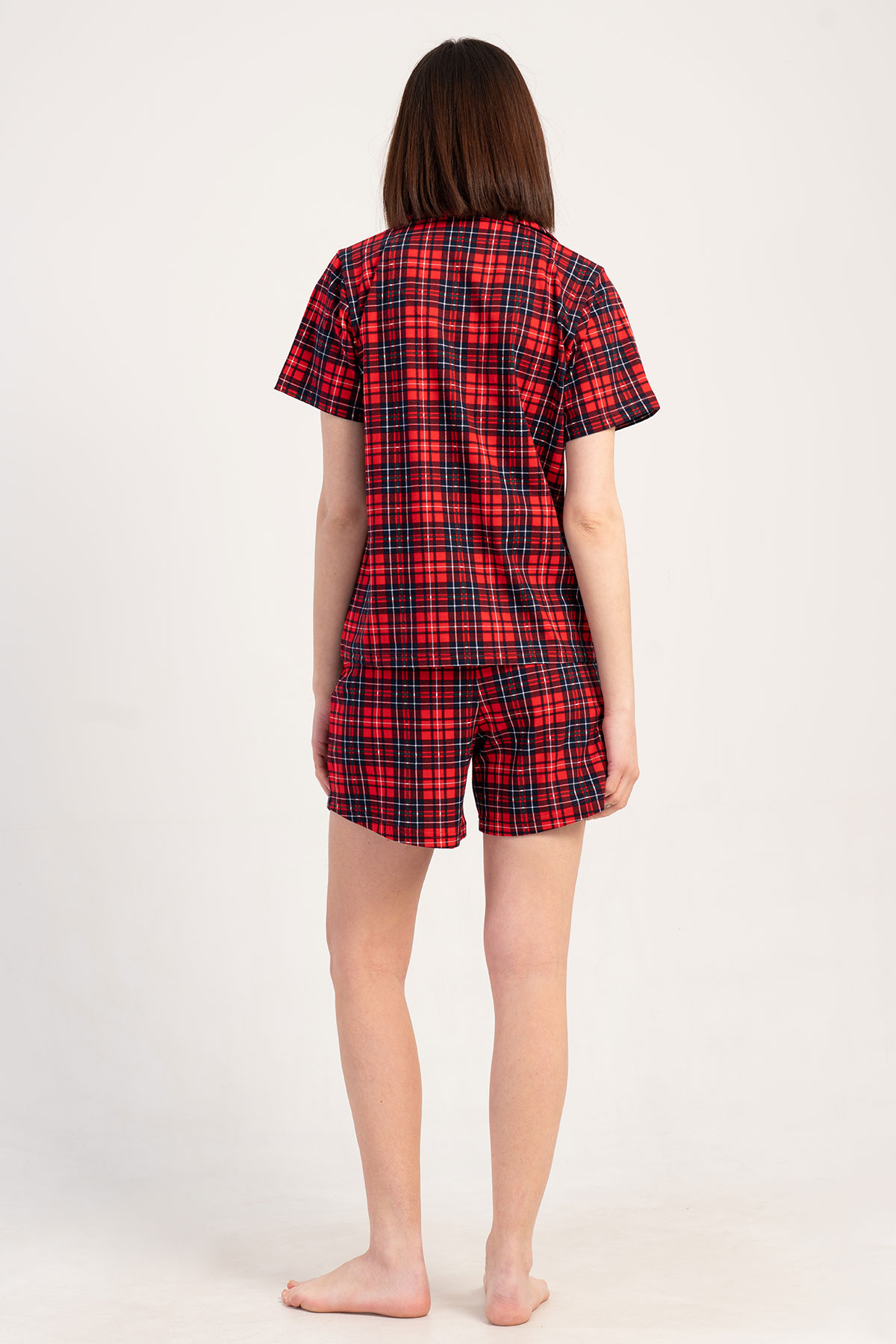 Pınarca Kadın Şortlu Takım Kısa Kollu Gömlek Yaka Pamuklu Ekose Desenli - Kırmızı - Thumbnail