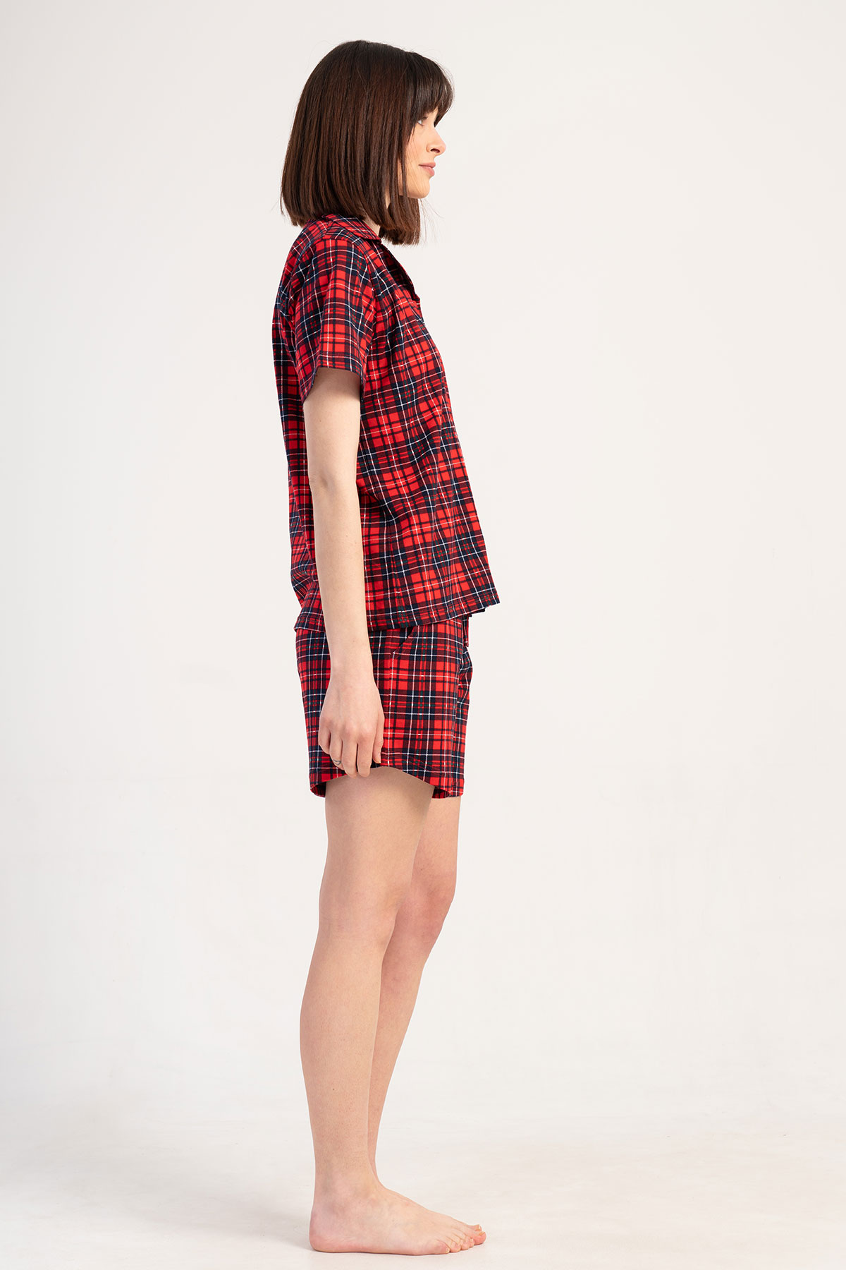 Pınarca Kadın Şortlu Takım Kısa Kollu Gömlek Yaka Pamuklu Ekose Desenli - Kırmızı - Thumbnail