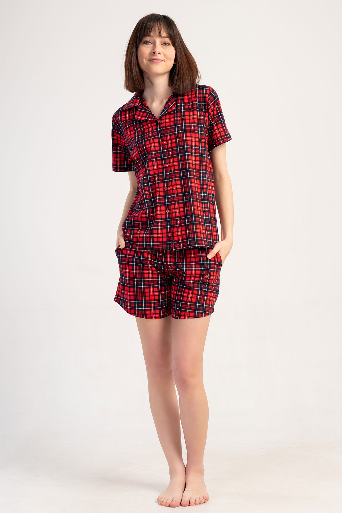 Pınarca Kadın Şortlu Takım Kısa Kollu Gömlek Yaka Pamuklu Ekose Desenli - Kırmızı - Thumbnail