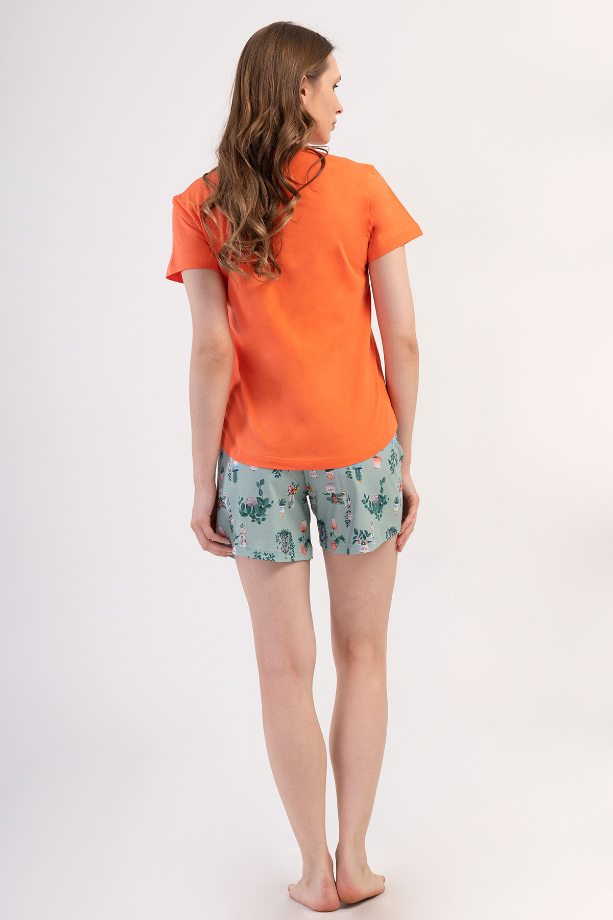 Pınarca Kadın Şortlu Takım Kısa Kollu Pamuklu Bisiklet Yaka Çiçek Desenli - Mercan - Thumbnail