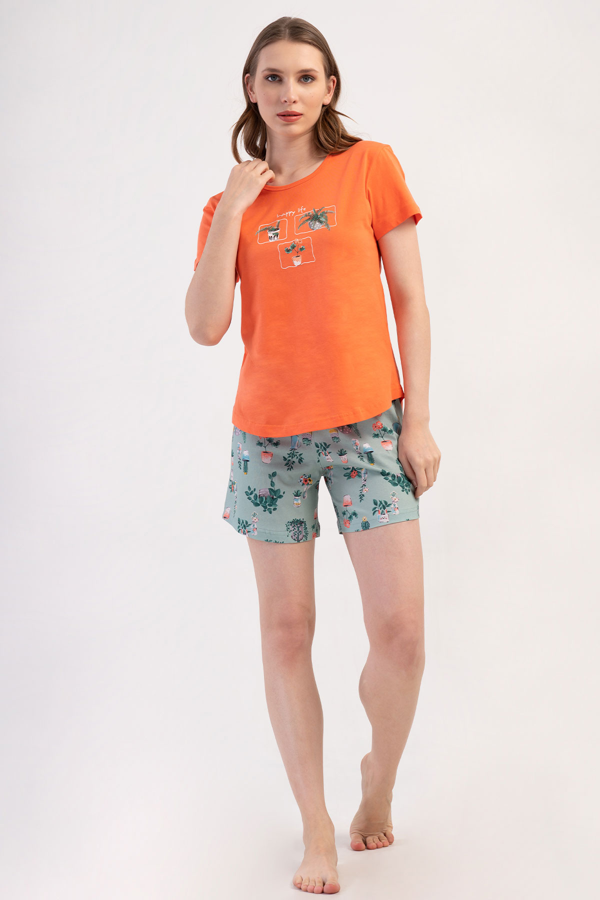 Pınarca Kadın Şortlu Takım Kısa Kollu Pamuklu Bisiklet Yaka Çiçek Desenli - Mercan - Thumbnail