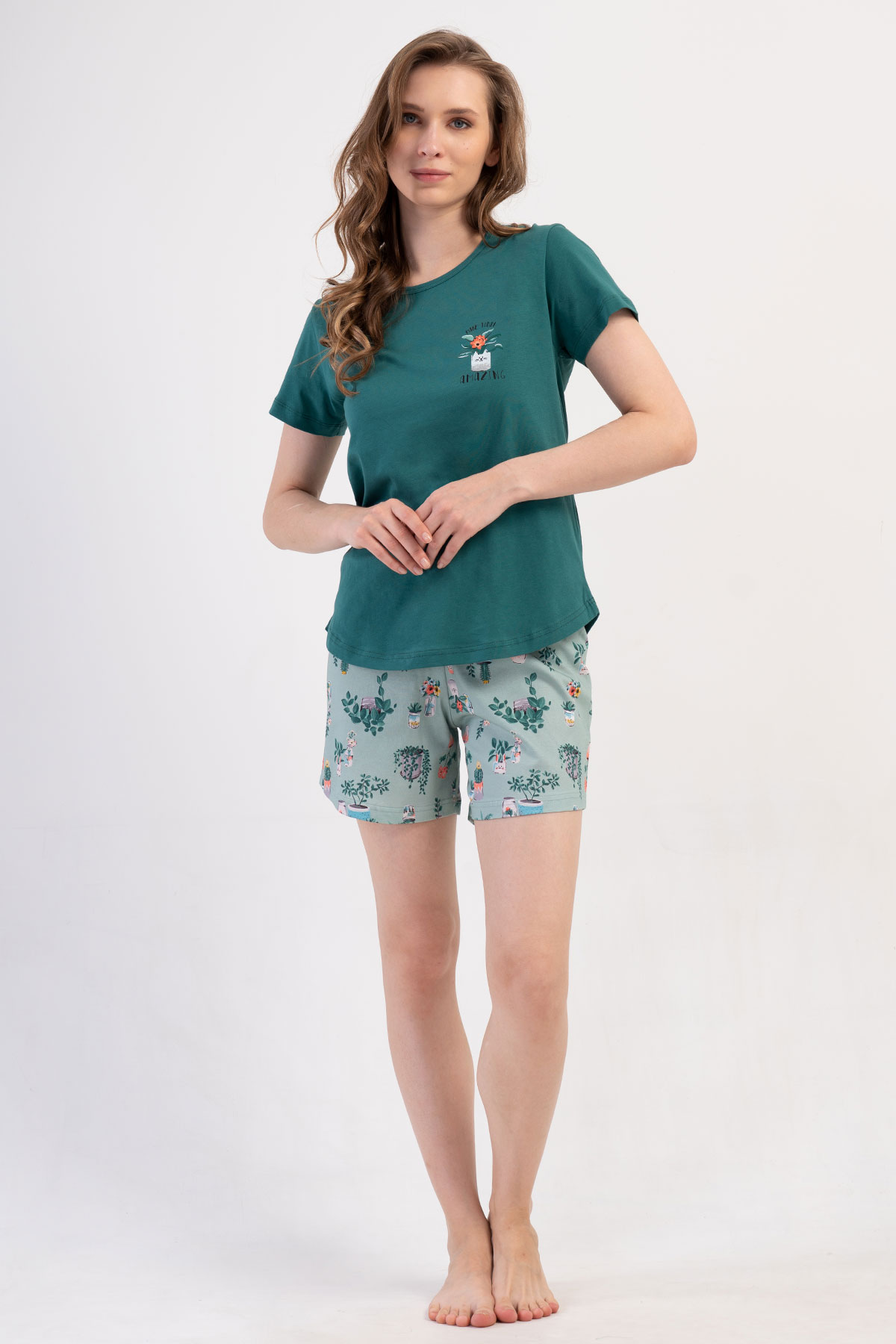 Pınarca Kadın Şortlu Takım Kısa Kollu Pamuklu Bisiklet Yaka Çiçek Desenli - Yeşil - Thumbnail