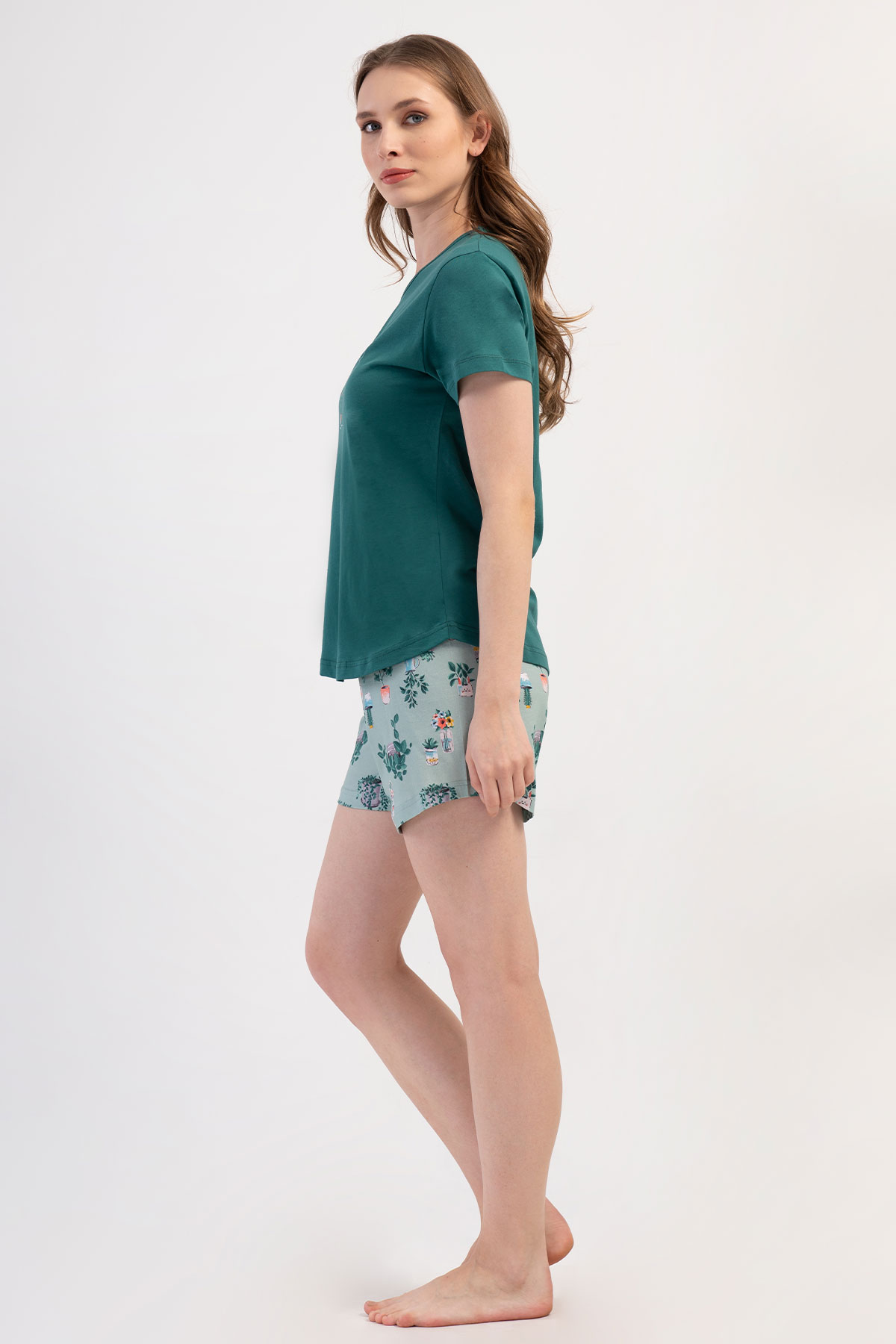 Pınarca Kadın Şortlu Takım Kısa Kollu Pamuklu Bisiklet Yaka Çiçek Desenli - Yeşil - Thumbnail