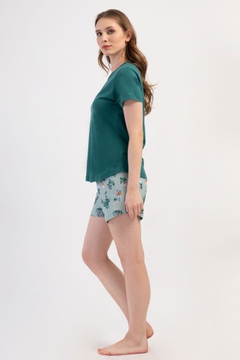 PINARCA EV GİYİM - Pınarca Kadın Şortlu Takım Kısa Kollu Pamuklu Bisiklet Yaka Çiçek Desenli - Yeşil (1)