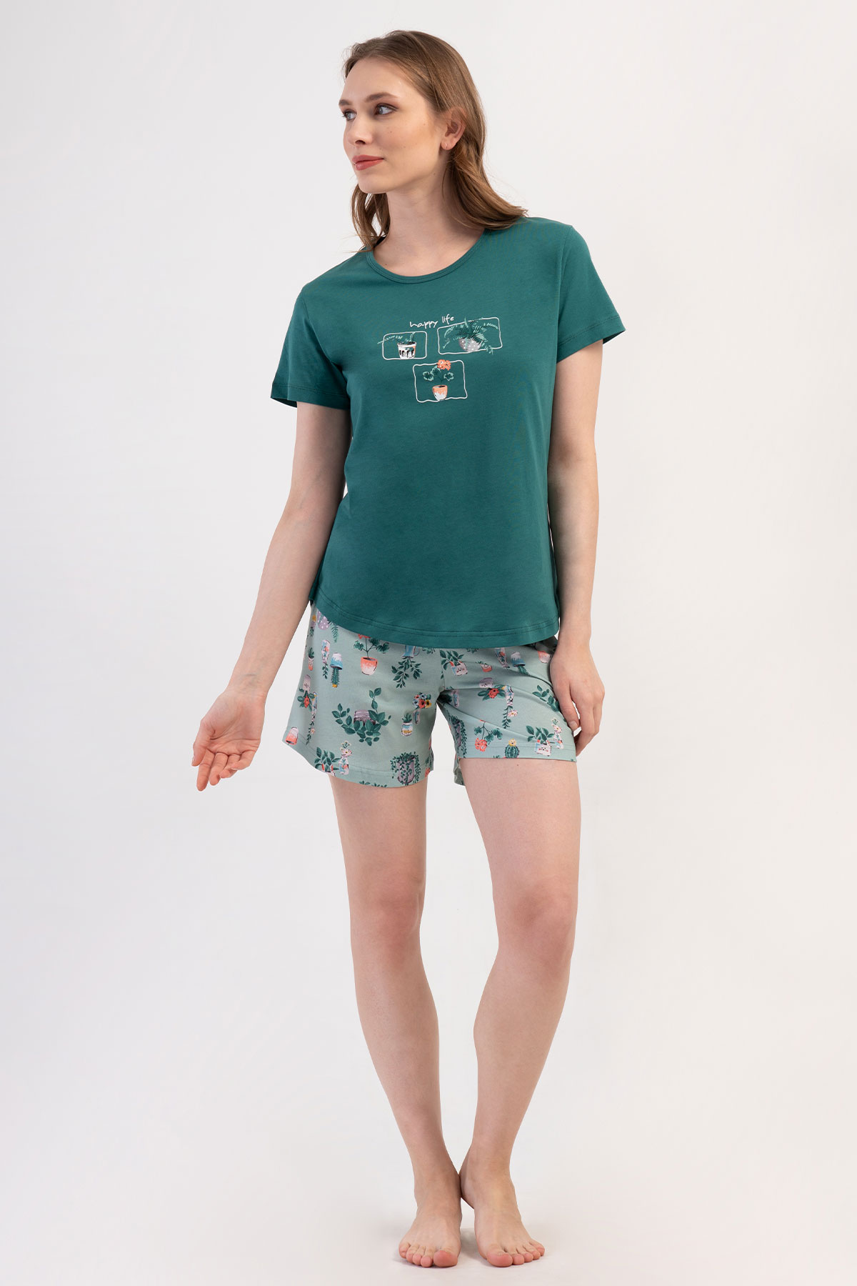 Pınarca Kadın Şortlu Takım Kısa Kollu Pamuklu Bisiklet Yaka Çiçek Desenli - Yeşil - Thumbnail