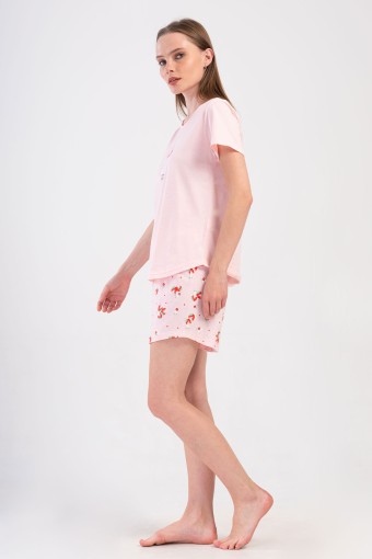 PINARCA EV GİYİM - Pınarca Kadın Şortlu Takım Kısa Kollu Pamuklu Bisiklet Yaka Çilek Desenli - Pembe (1)