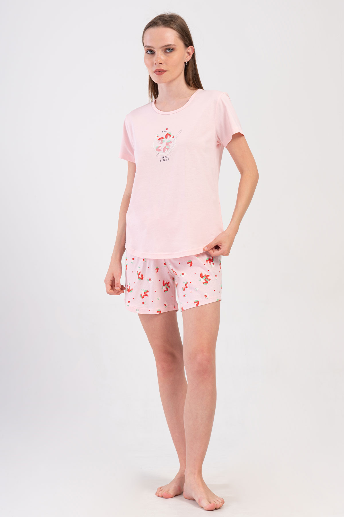 Pınarca Kadın Şortlu Takım Kısa Kollu Pamuklu Bisiklet Yaka Çilek Desenli - Pembe - Thumbnail
