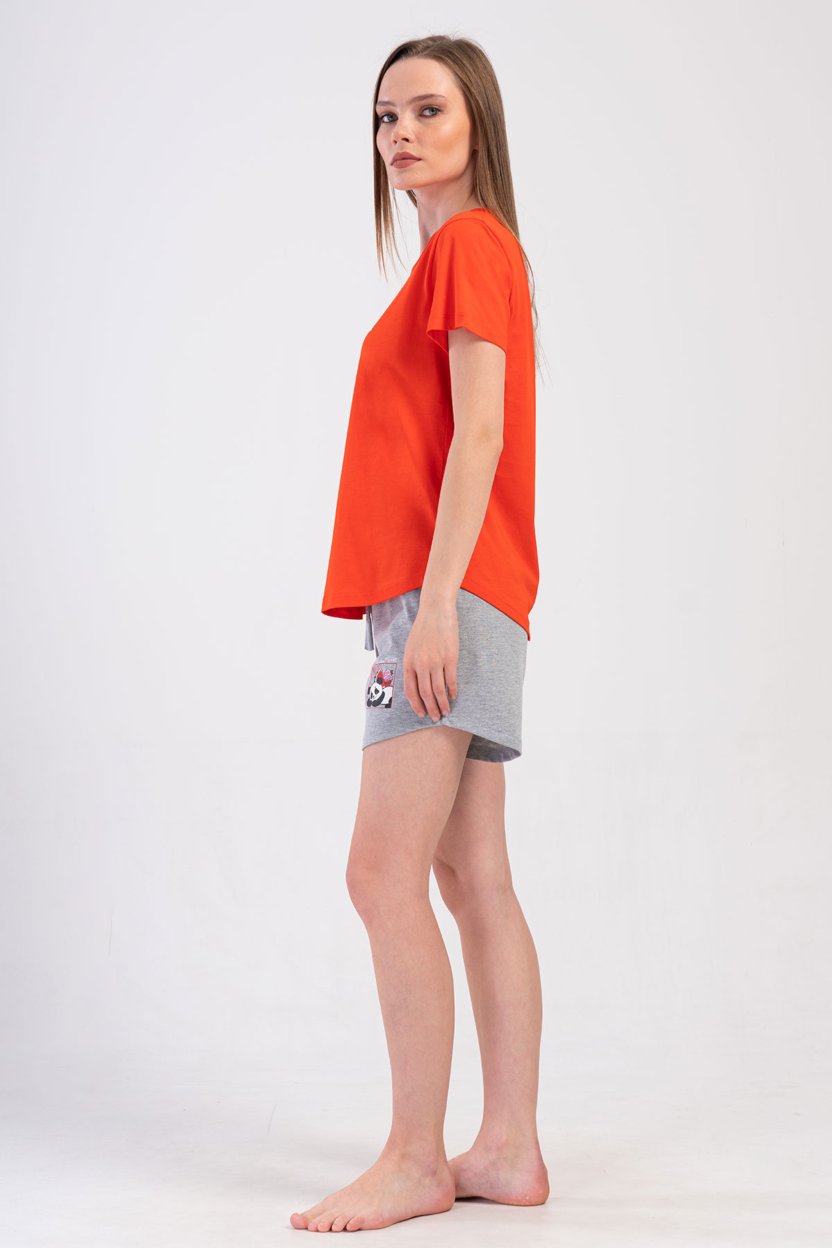 Pınarca Kadın Şortlu Takım Kısa Kollu Pamuklu Bisiklet Yaka Panda Desenli - Kırmızı - Thumbnail