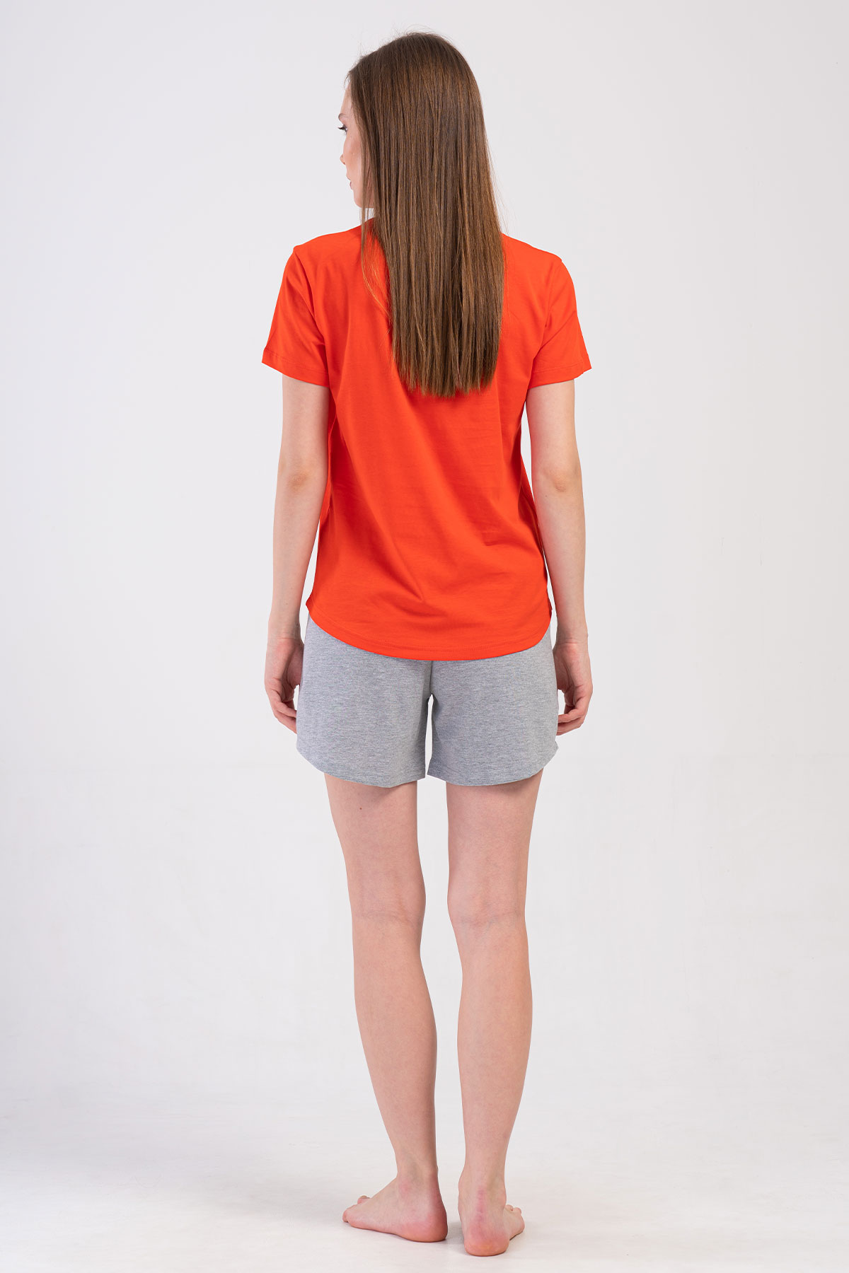 Pınarca Kadın Şortlu Takım Kısa Kollu Pamuklu Bisiklet Yaka Panda Desenli - Kırmızı - Thumbnail