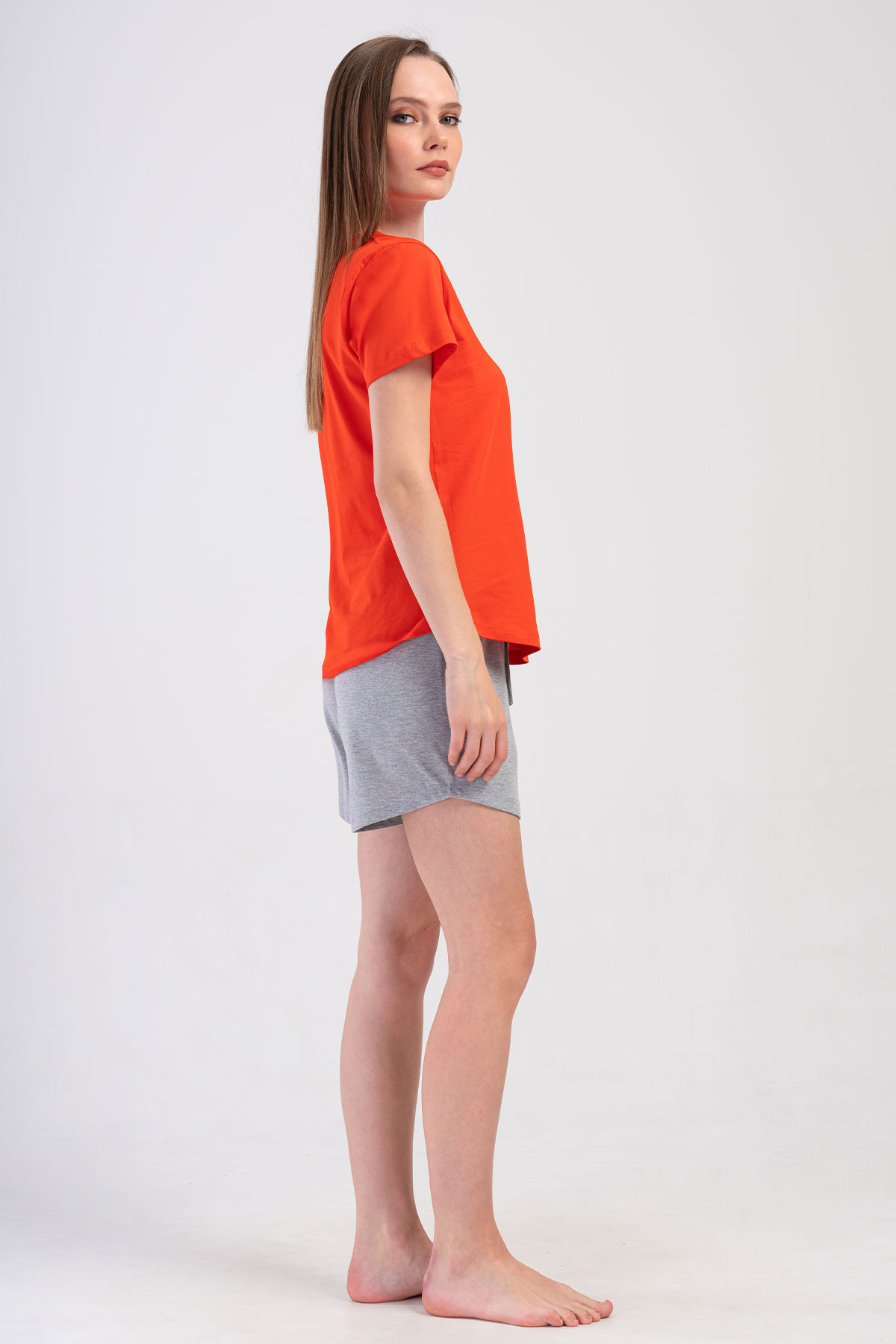 Pınarca Kadın Şortlu Takım Kısa Kollu Pamuklu Bisiklet Yaka Panda Desenli - Kırmızı - Thumbnail