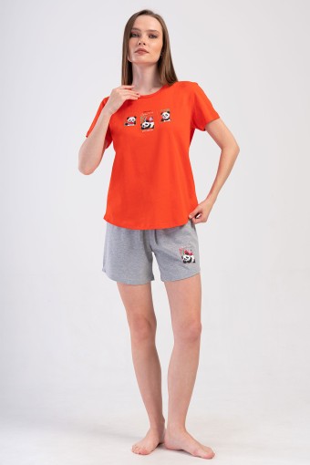 PINARCA EV GİYİM - Pınarca Kadın Şortlu Takım Kısa Kollu Pamuklu Bisiklet Yaka Panda Desenli - Kırmızı