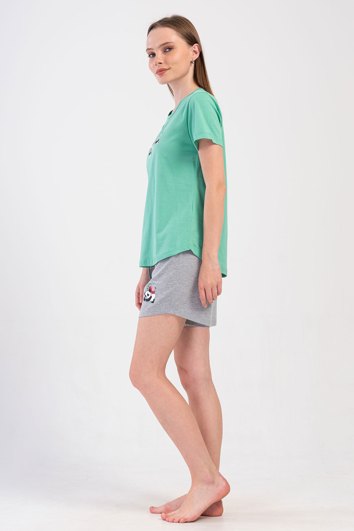 Pınarca Kadın Şortlu Takım Kısa Kollu Pamuklu Bisiklet Yaka Panda Desenli - Mint Yeşili - Thumbnail