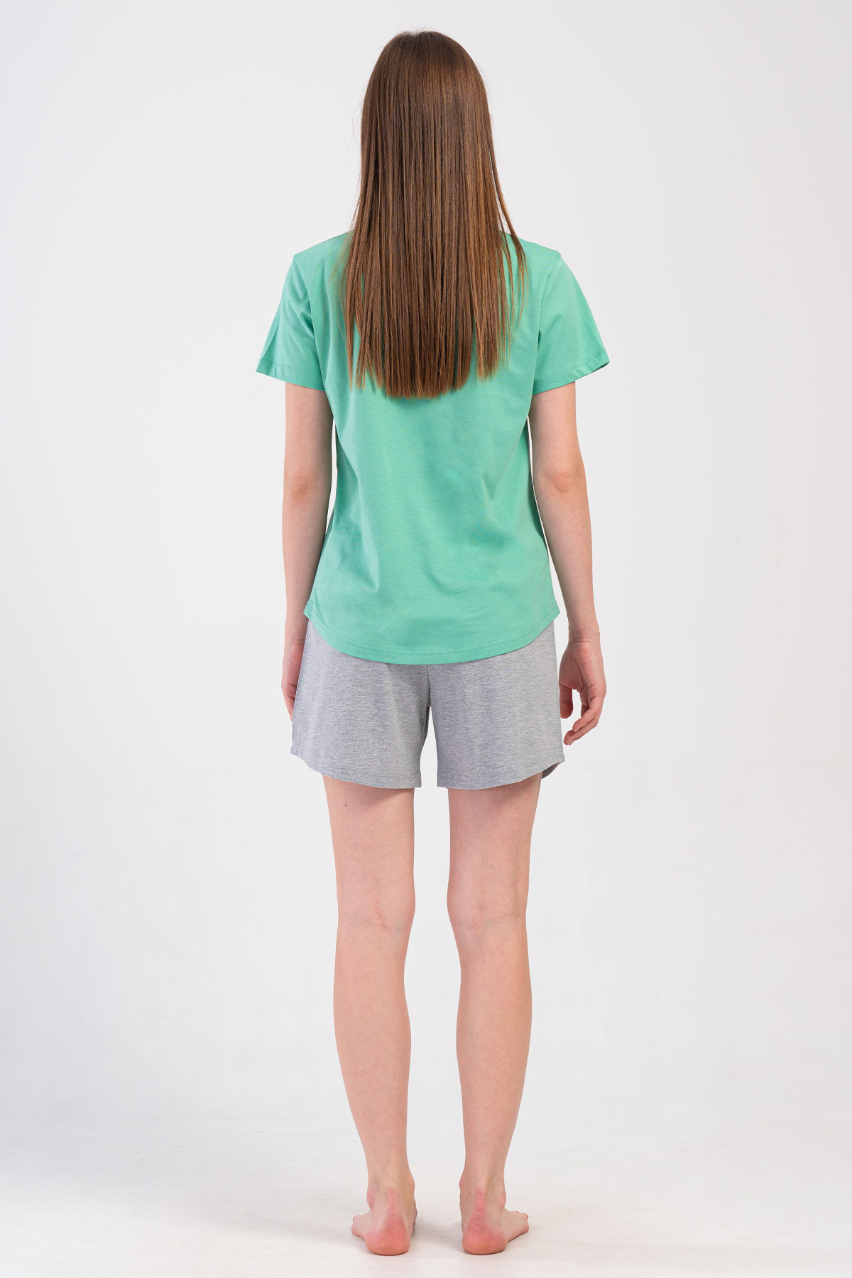 Pınarca Kadın Şortlu Takım Kısa Kollu Pamuklu Bisiklet Yaka Panda Desenli - Mint Yeşili - Thumbnail